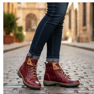 V Italia Kiki Red Leather Ankle Boots Size 38 (US 7.5) Lace Up Comfort Shoes